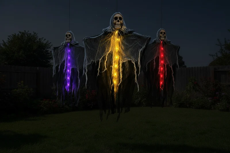 Verlichte Hangspook met Schedel en Gaas voor Halloween Decoratie Tuin Veranda Feest Griezelsfeer Outdoor | Sansoti