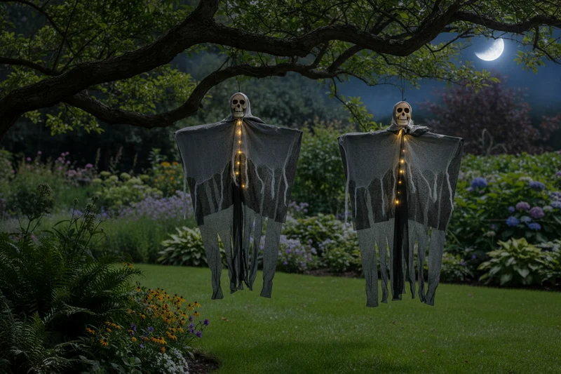 Verlichte Hangspook met Schedel en Gaas voor Halloween Decoratie Tuin Veranda Feest Griezelsfeer Outdoor | Sansoti