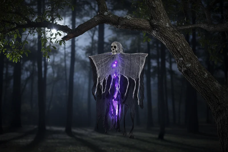 Verlichte Hangspook met Schedel en Gaas voor Halloween Decoratie Tuin Veranda Feest Griezelsfeer Outdoor | Sansoti