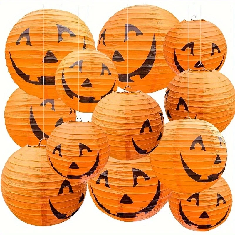 Oranje Pompoen Papieren Lampionnen Set 12 Stuks Halloween Feestversiering Hangdecoratie 20cm Diameter | Sansoti