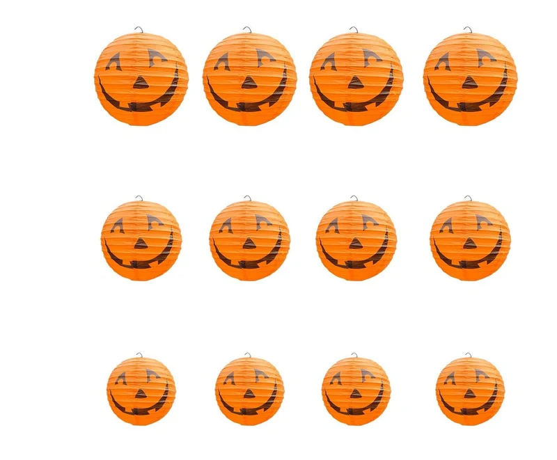 Oranje Pompoen Papieren Lampionnen Set 12 Stuks Halloween Feestversiering Hangdecoratie 20cm Diameter | Sansoti