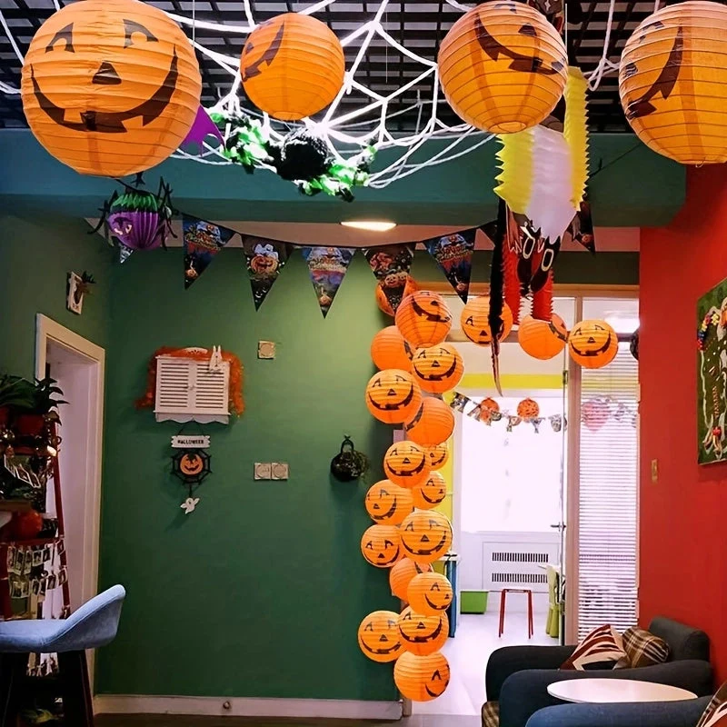 Oranje Pompoen Papieren Lampionnen Set 12 Stuks Halloween Feestversiering Hangdecoratie 20cm Diameter | Sansoti