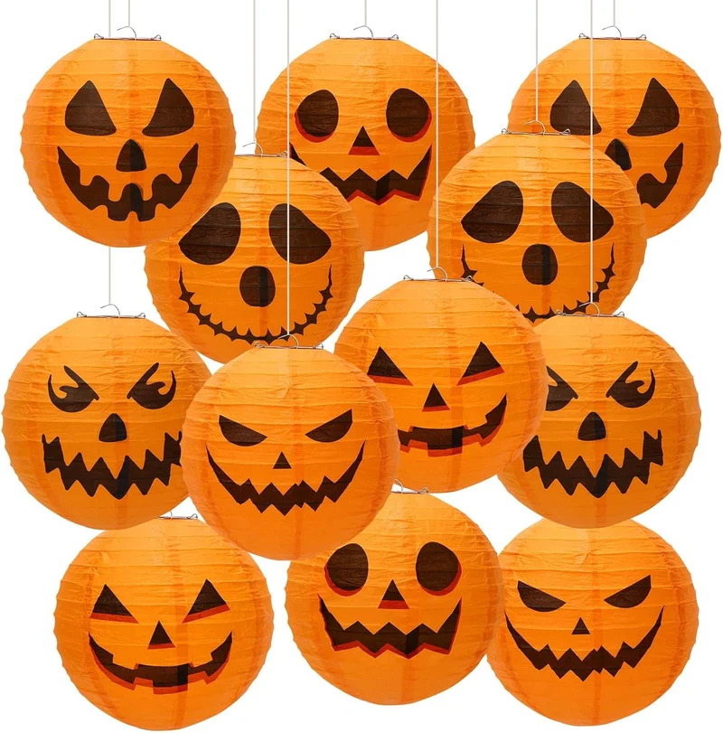 Oranje Pompoen Papieren Lampionnen Set 12 Stuks Halloween Feestversiering Hangdecoratie 20cm Diameter | Sansoti