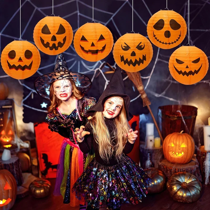Oranje Pompoen Papieren Lampionnen Set 12 Stuks Halloween Feestversiering Hangdecoratie 20cm Diameter | Sansoti