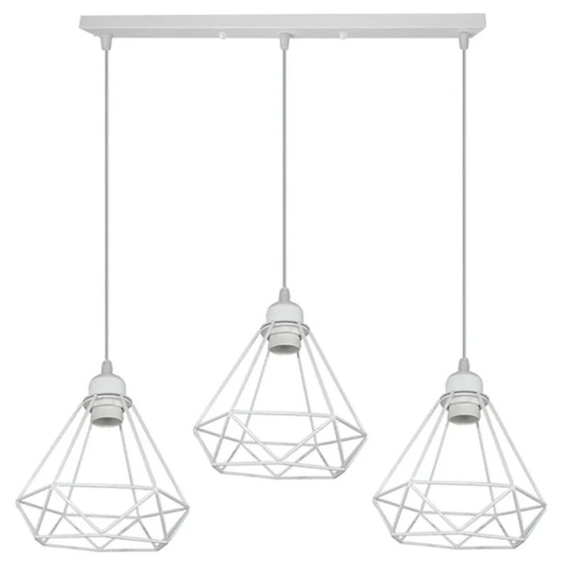 Rechteckige Basis 3 Steckdose Retro Industrial Weiß Diamond Cage Deckenpendelleuchte Hängende Innenbeleuchtung~1898