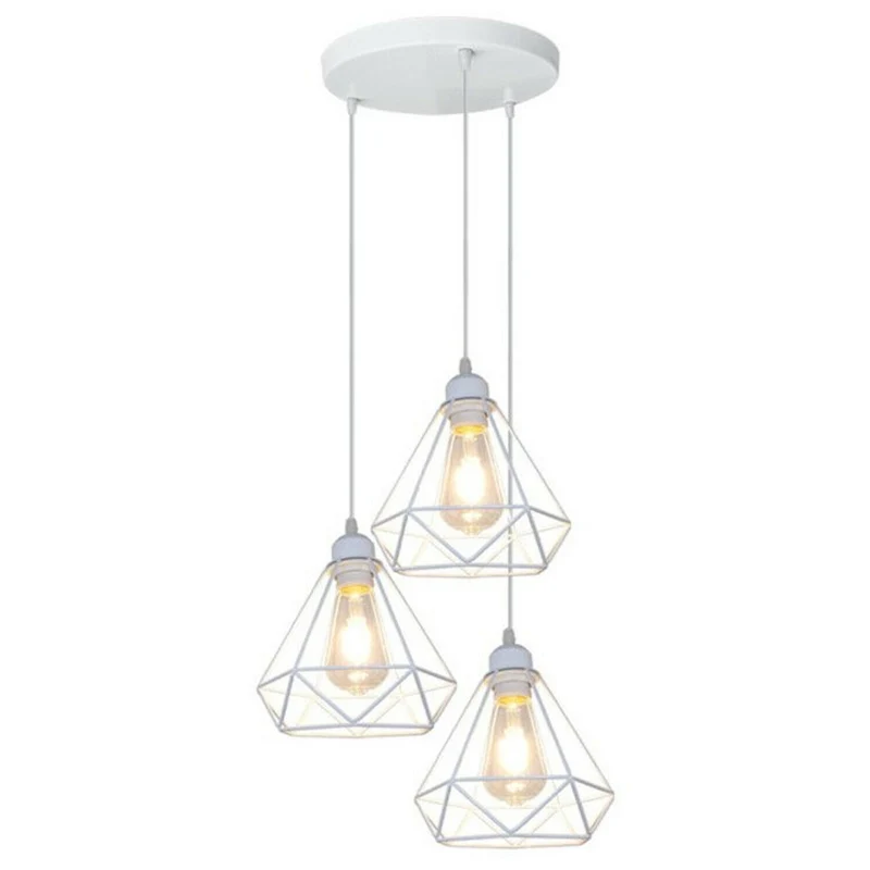 Industrie Retro Hängeleuchte mit 3 Diamant Käfig, 20 cm, Weiß~1897
