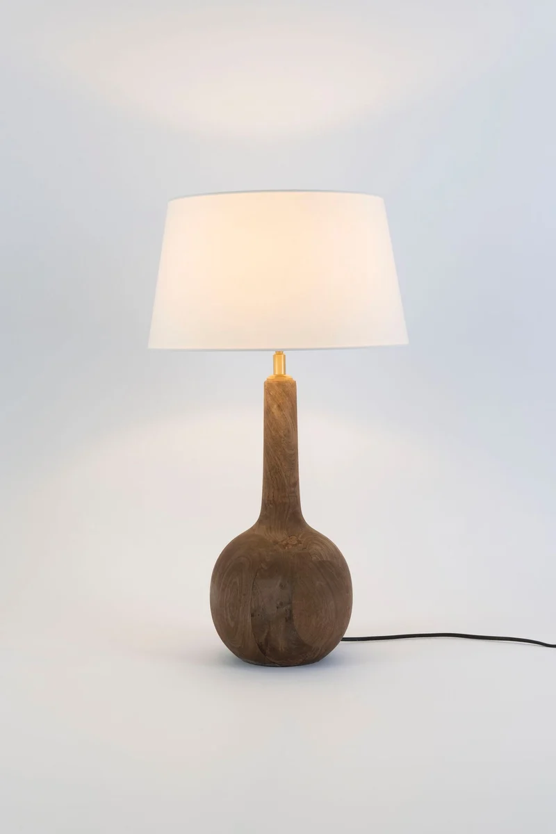Tischlampe Vezzana Mangoholz Ecru mit Schirm Rund Ø 32cm