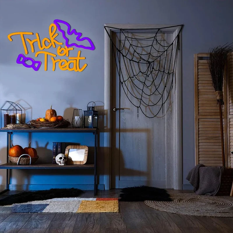 Halloween LED Neonteken met Vleermuizen – Paars Oranje Wandverlichting voor Feestelijke Halloween Sfeer Decoratie | Sansoti