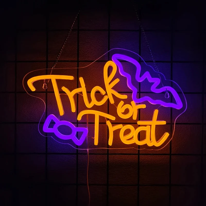 Halloween LED Neonteken met Vleermuizen – Paars Oranje Wandverlichting voor Feestelijke Halloween Sfeer Decoratie | Sansoti