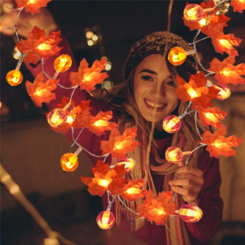 Herfstverlichting pompoen esdoornblad warm wit 3 meter LED sfeerlicht decoratief sfeerverlichting binnen buiten | Sansoti