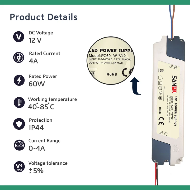 Sanpu LED-Treiber 60W 12V | 5A | IP40 - Netzteil-Transformator~1822