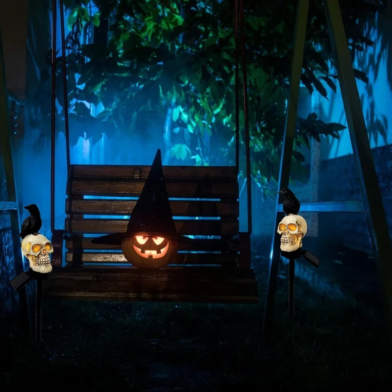 Solar Schedel Tuinlamp met Raaf Decoratie Padverlichting Halloween LED Buitenlamp Zonnecel Waterdicht | Sansoti
