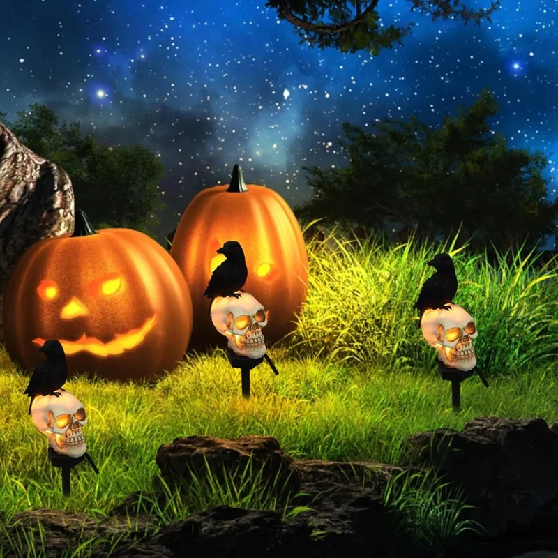 Solar Schedel Tuinlamp met Raaf Decoratie Padverlichting Halloween LED Buitenlamp Zonnecel Waterdicht | Sansoti