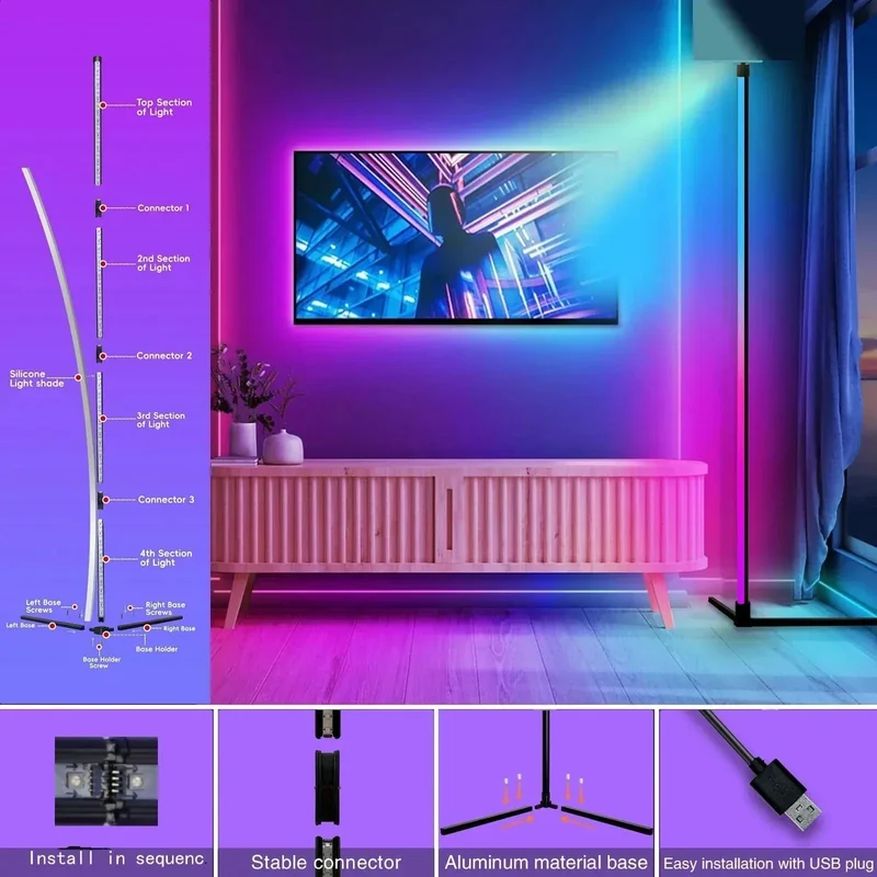 RGB Hoekstaande Vloerlamp met Afstandsbediening Aluminium Zwart 40cm 155cm Modern Sfeerlicht Woonkamer | Sansoti