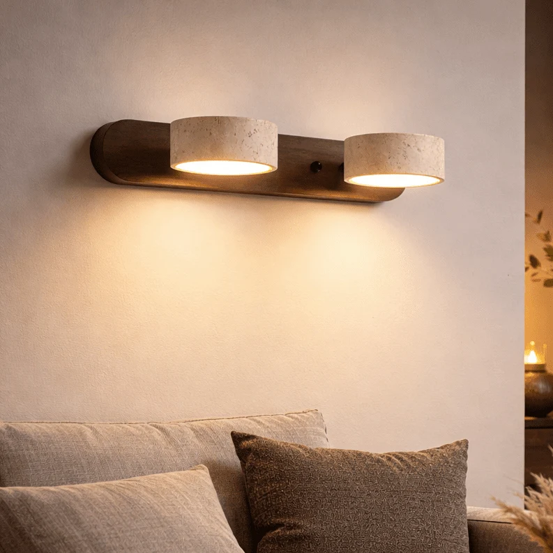 Wandlamp Travertijn LED met Hout Dubbel Licht Architectonische Verlichting Modern Design Interieur Woonkamer | Sansoti