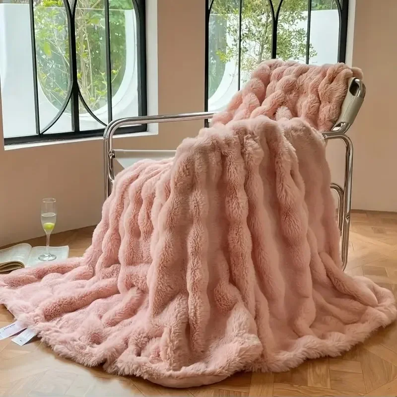 Dubbelzijdige Imitatiebont Plaid 100% Polyester Winterdeken Warm Zacht Bed Bank Decoratief 4 Kleuren | Sansoti