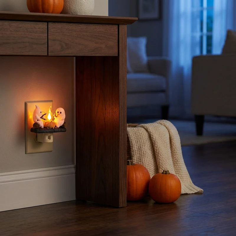 Spookjes Kampvuur Nachtlampje 11 cm Flakkerend Licht Halloween Wandcontact Sfeerverlichting Decoratie | Sansoti
