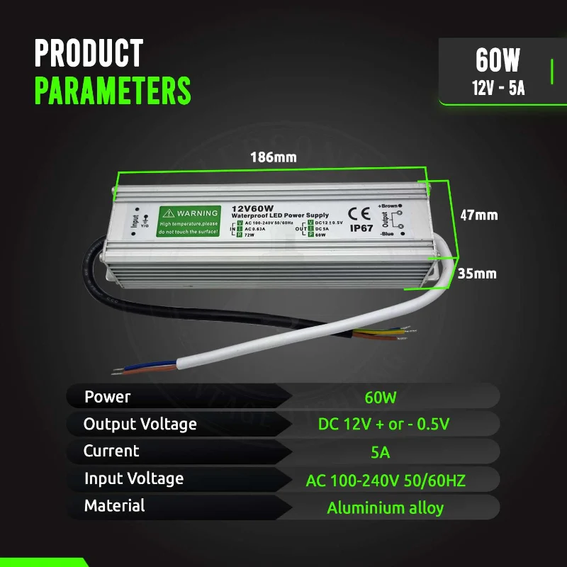 12V 60W LED Netzteil Wasserdichtes IP67 Außenbereich geeignet ~1093