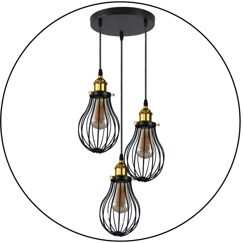 Schwarze 3-flammige Industriekäfig-Deckenleuchte Hängend~1871