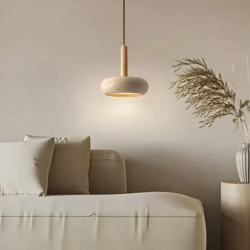 Hanglamp Japanse Stijl LED Natuursteen Hout Verstelbaar Ø15cm Warm Licht Woonkamer Eetkamer Sfeervol | Sansoti