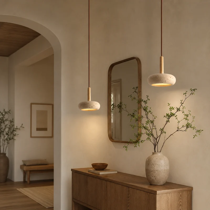 Hanglamp Japanse Stijl LED Natuursteen Hout Verstelbaar Ø15cm Warm Licht Woonkamer Eetkamer Sfeervol | Sansoti
