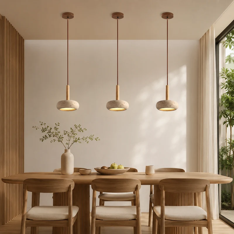 Hanglamp Japanse Stijl LED Natuursteen Hout Verstelbaar Ø15cm Warm Licht Woonkamer Eetkamer Sfeervol | Sansoti