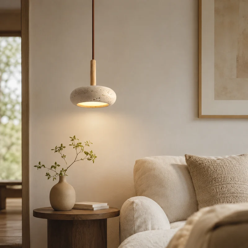 Hanglamp Japanse Stijl LED Natuursteen Hout Verstelbaar Ø15cm Warm Licht Woonkamer Eetkamer Sfeervol | Sansoti