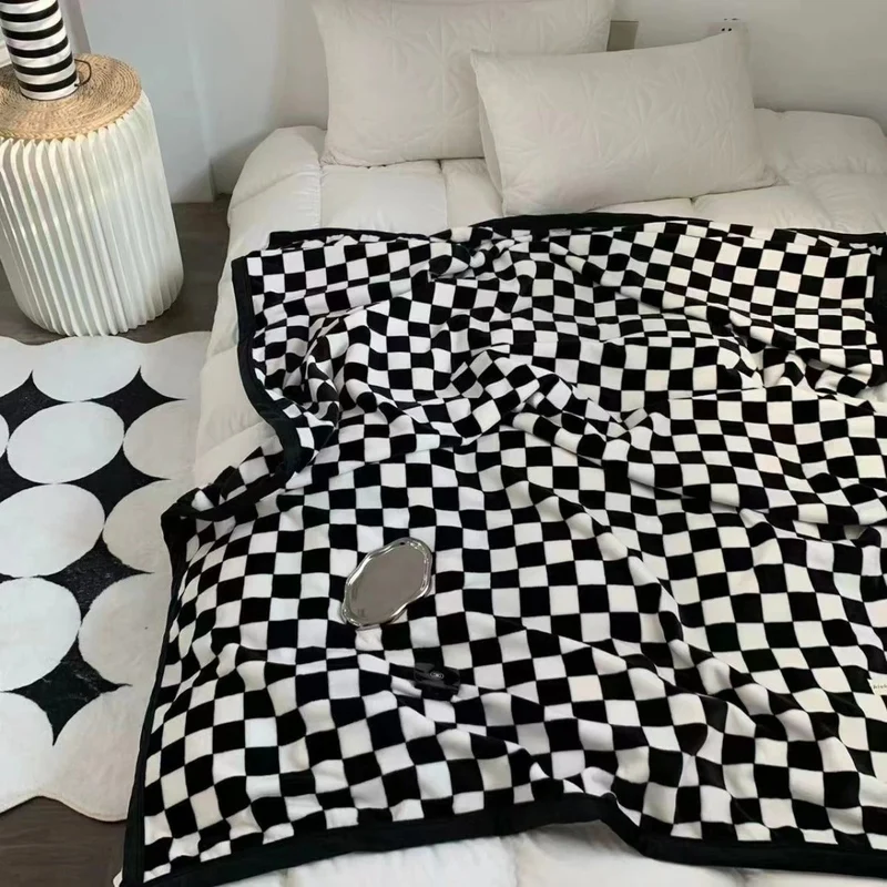 Geruite Fleece Plaid Koraalvlies Woonkamer Slaapkamer Bank Bed Deken Warm Zacht Decoratief Comfortabel Textiel | Sansoti