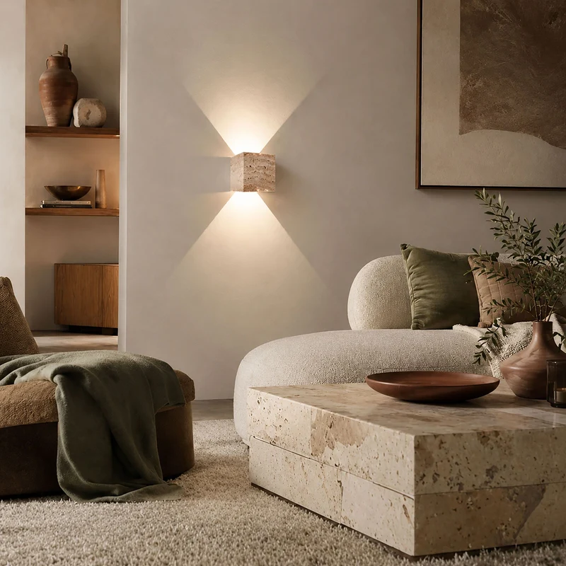 s.luce Travea LED Wandleuchte aus Travertin-Stein