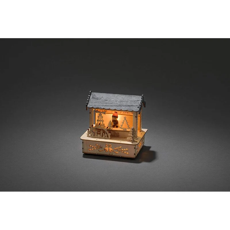 LED Holzsilhouette naturfarben Marktstand mit grauem Dach 3 Warmweiße Dioden batteriebetrieben