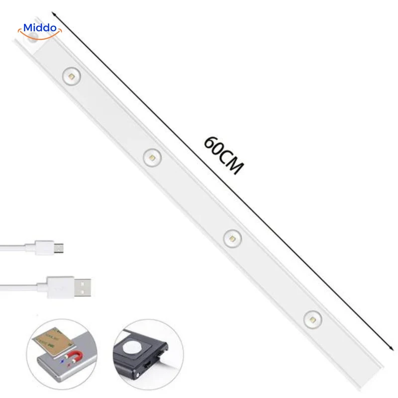Oplaadbare LED-strip met bewegingssensor 30/40/60cm USB dimbaar nachtverlichting voor gang kast keuken trapverlichting | Sansoti