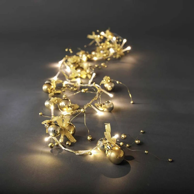 LED Dekolichterkette goldfarbene Perlen und Schleifen 20 Warmweiße Dioden