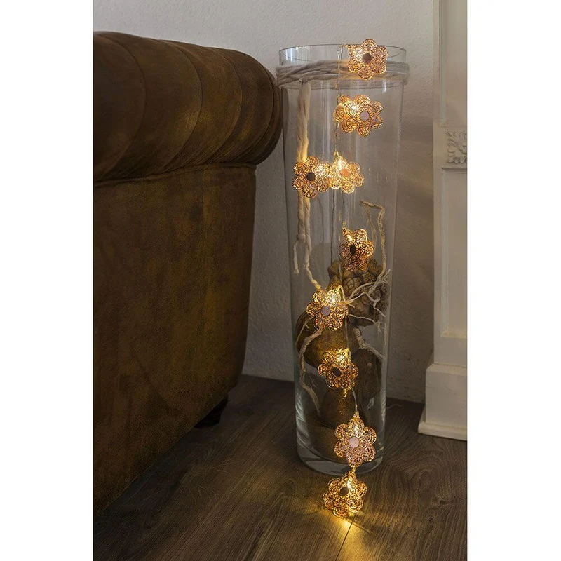 LED Dekolichterkette kupferfarbene Metallblumen 10 Warmweiße Dioden batteriebetrieben