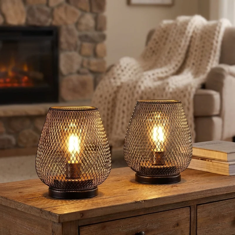 Draadloze Tafellamp Set van 2 Stuks - Warm Wit LED Sfeerlicht - Metalen Mesh Kap - Op Batterijen voor Binnen | Sansoti