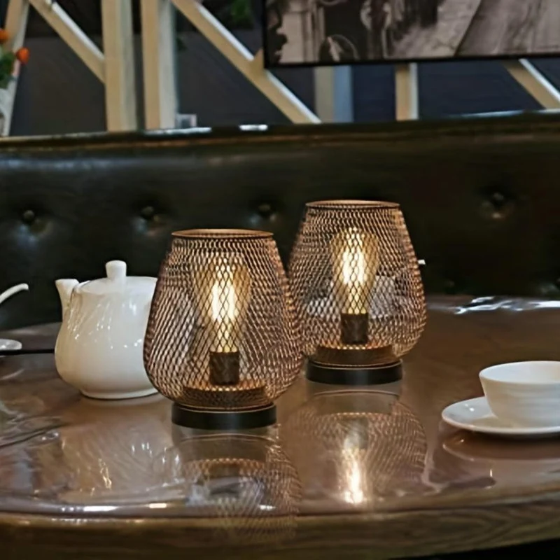 Draadloze Tafellamp Set van 2 Stuks - Warm Wit LED Sfeerlicht - Metalen Mesh Kap - Op Batterijen voor Binnen | Sansoti