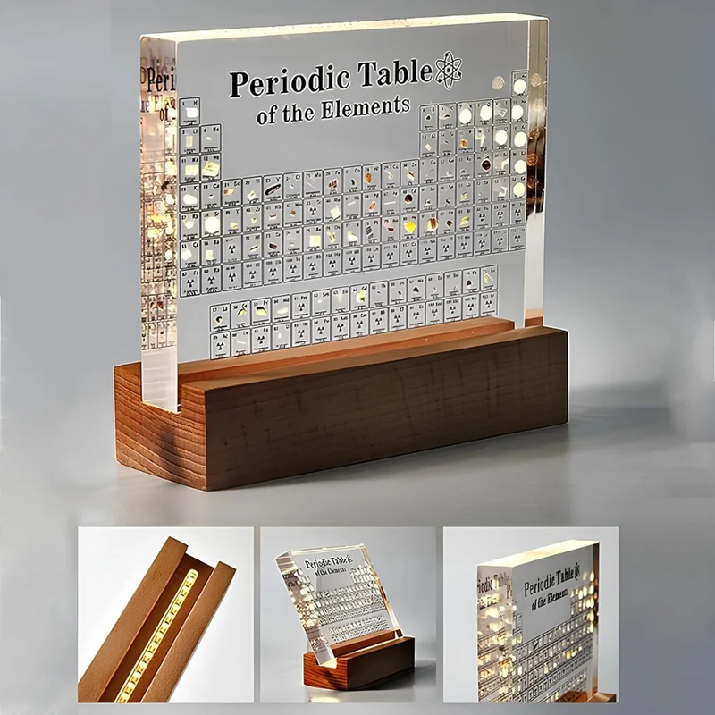 Verlicht Periodiek Systeem 83 Echte Elementen Acryl Hout Display Scheikunde Decoratie Educatief Cadeau | Sansoti