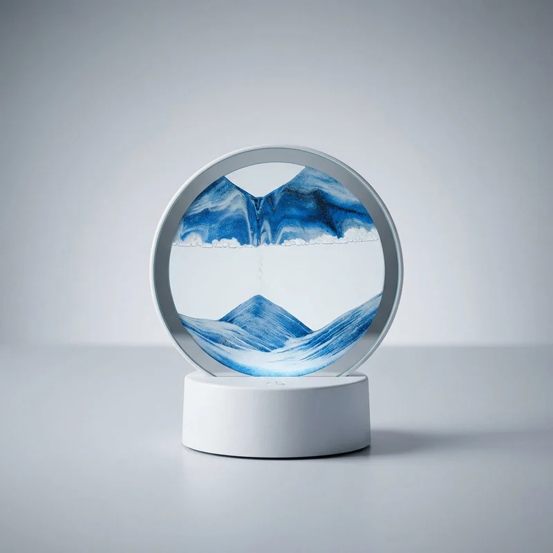 Decoratieve Zandkunst Lamp met LED Verlichting Ronde Tafelverlichting Bewegend Zand Houtlook Basis Sfeerverlichting | Sansoti