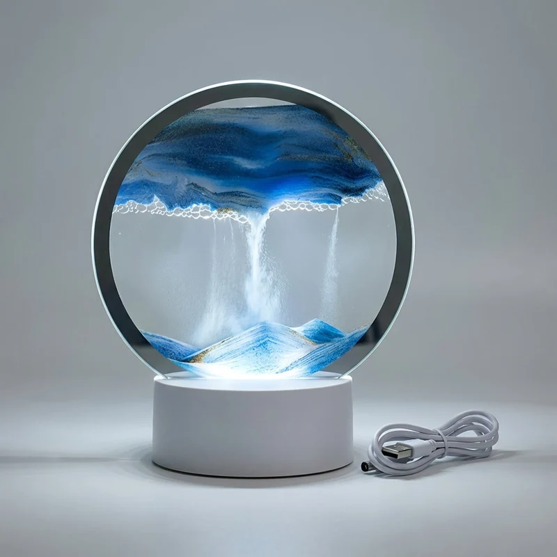 Decoratieve Zandkunst Lamp met LED Verlichting Ronde Tafelverlichting Bewegend Zand Houtlook Basis Sfeerverlichting | Sansoti