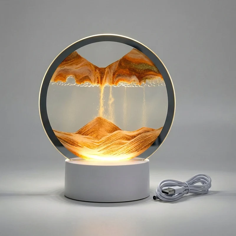 Decoratieve Zandkunst Lamp met LED Verlichting Ronde Tafelverlichting Bewegend Zand Houtlook Basis Sfeerverlichting | Sansoti