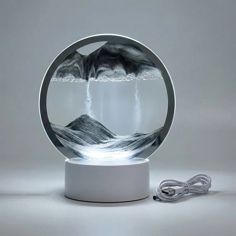 Decoratieve Zandkunst Lamp met LED Verlichting Ronde Tafelverlichting Bewegend Zand Houtlook Basis Sfeerverlichting | Sansoti