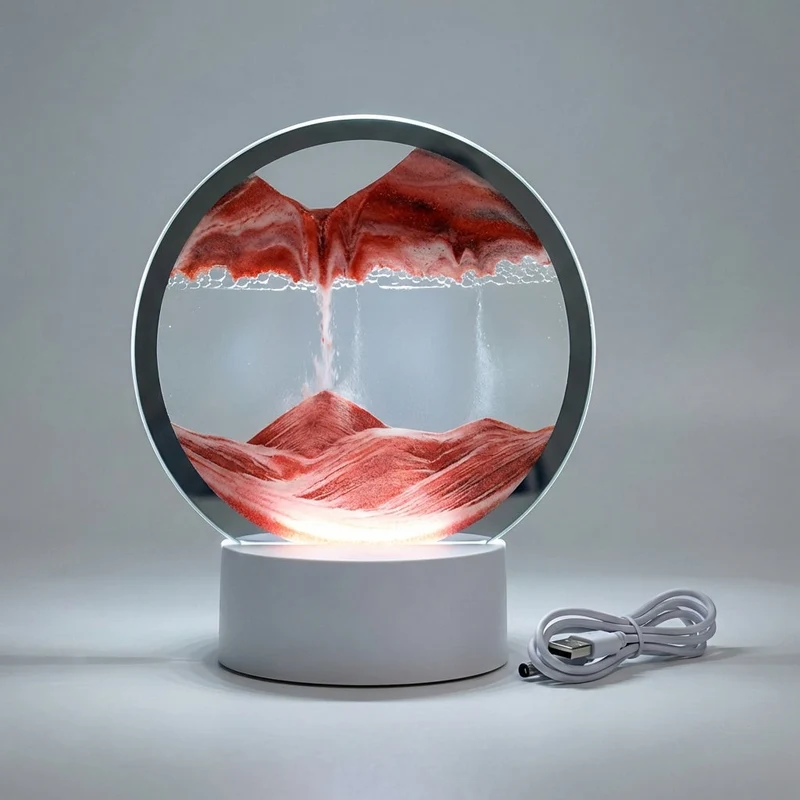 Decoratieve Zandkunst Lamp met LED Verlichting Ronde Tafelverlichting Bewegend Zand Houtlook Basis Sfeerverlichting | Sansoti