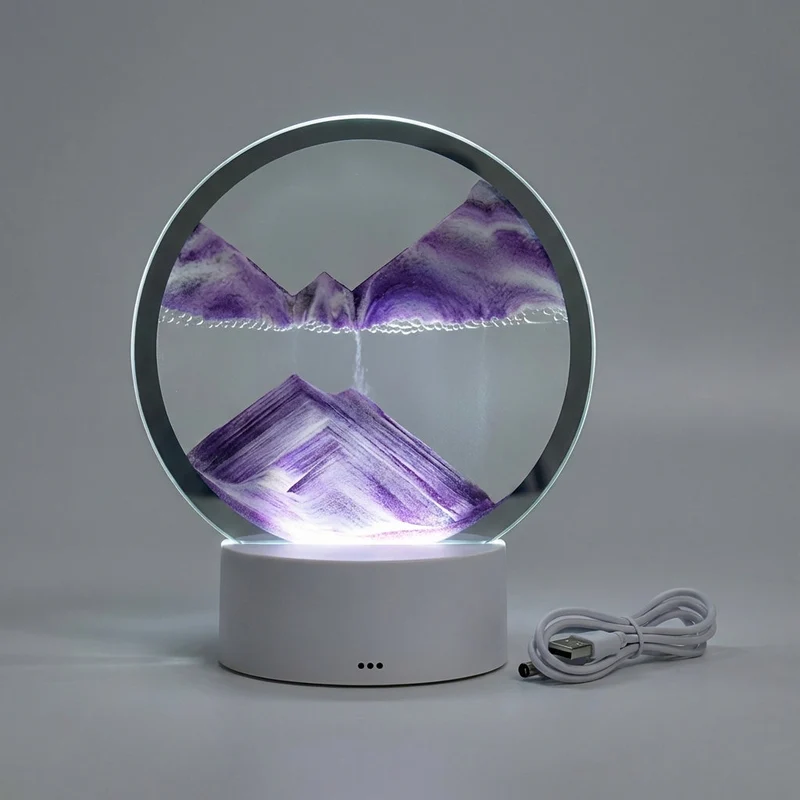 Decoratieve Zandkunst Lamp met LED Verlichting Ronde Tafelverlichting Bewegend Zand Houtlook Basis Sfeerverlichting | Sansoti