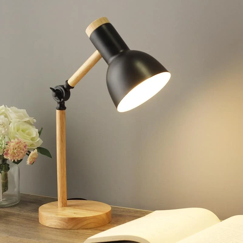 Verstelbare Houten Bureaulamp met Metalen Kap Scandinavisch Design Inklapbaar E27 Groen Zwart Wit Roze | Sansoti