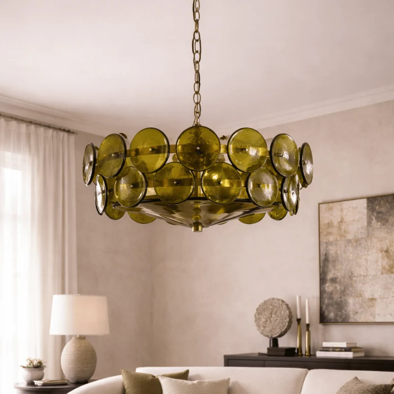 Ronde Kroonluchter Groen Glas Verstelbare Ketting Plafondlamp Scandinavisch Design Woonkamer Eetkamer | Sansoti