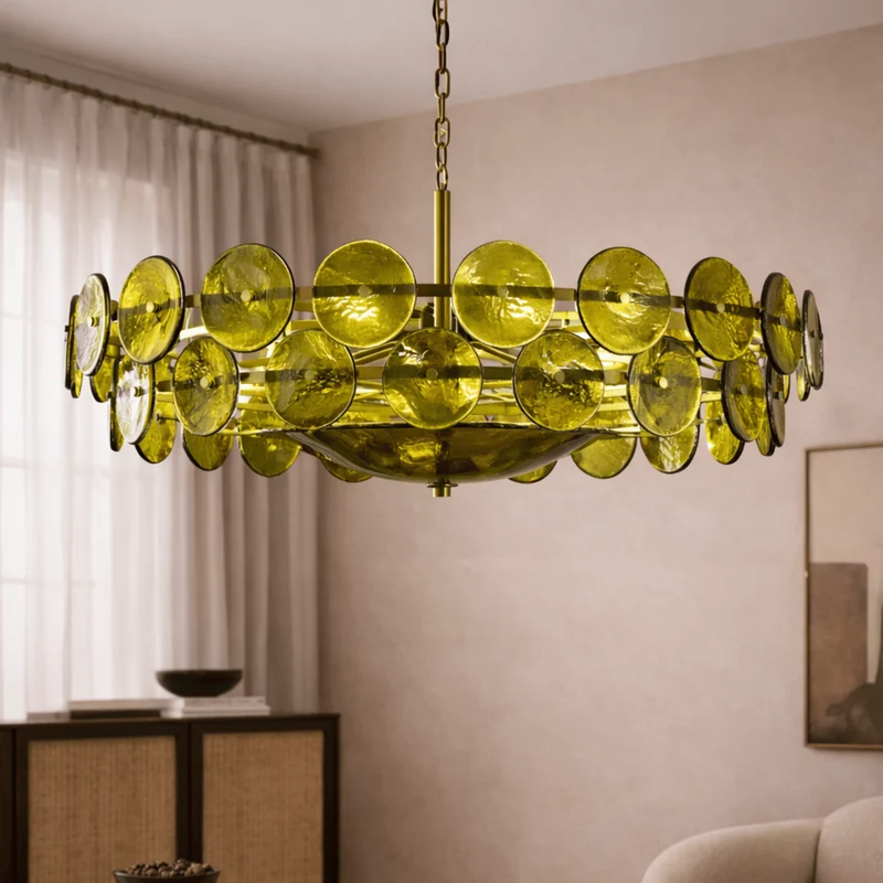Ronde Kroonluchter Groen Glas Verstelbare Ketting Plafondlamp Scandinavisch Design Woonkamer Eetkamer | Sansoti
