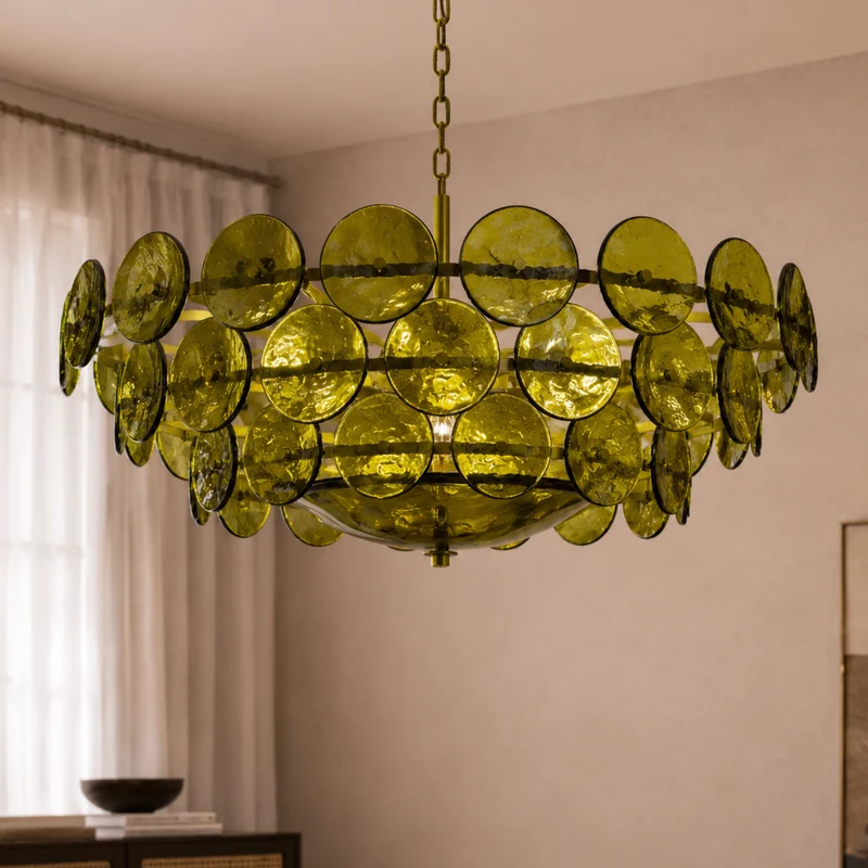 Ronde Kroonluchter Groen Glas Verstelbare Ketting Plafondlamp Scandinavisch Design Woonkamer Eetkamer | Sansoti