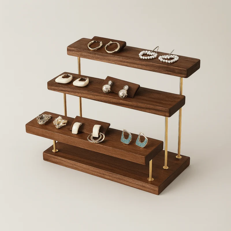 Sieradenstandaard Notenhout met Messing Trappen Display Organizer voor Horloges Ringen Oorbellen Webshop | Sansoti