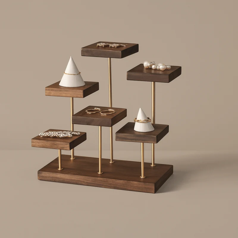 Sieradenstandaard Notenhout met Messing Trappen Display Organizer voor Horloges Ringen Oorbellen Webshop | Sansoti