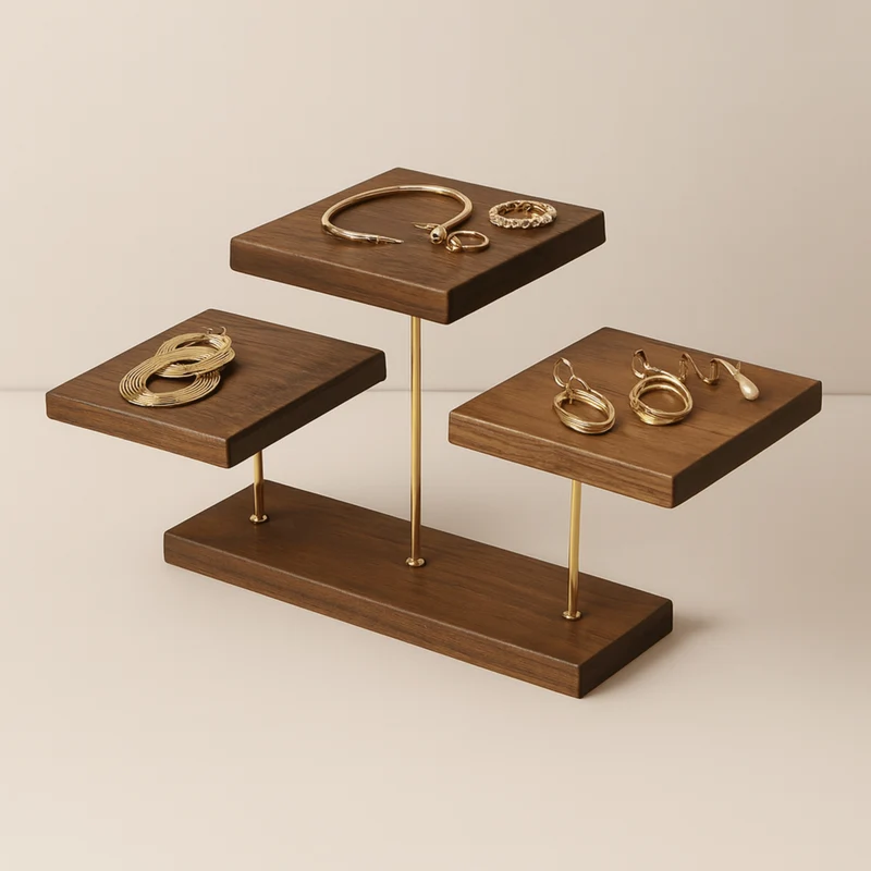 Sieradenstandaard Notenhout met Messing Trappen Display Organizer voor Horloges Ringen Oorbellen Webshop | Sansoti