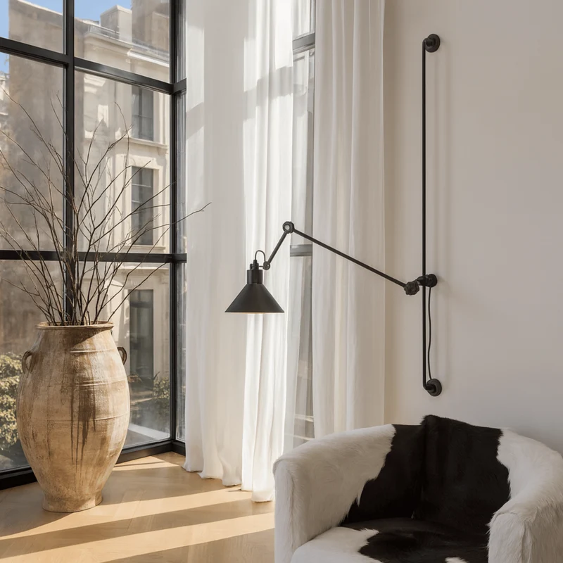 Verstelbare Wandlamp Zwart Metaal met Draaibare Arm 118cm voor Leeshoek Slaapkamer Werkplek Studeerkamer | Sansoti